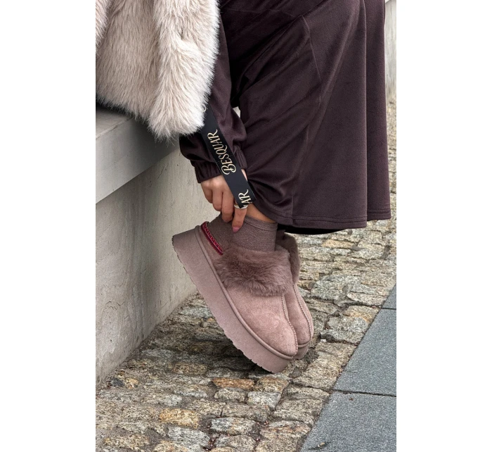 Dámské sněhule Querina na platformě s kožešinou a výšivkou – tmavě béžové