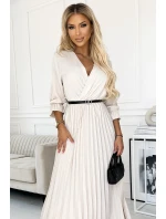 462-1 SERENA Plisované maxi šaty s výstřihem, páskem a 3/4 rukávy - BEACH
