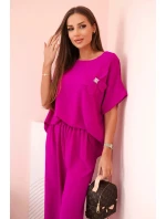 Dámský komplet z viskózy s ozdobným květem a širokými kalhotami - tmavě fialový