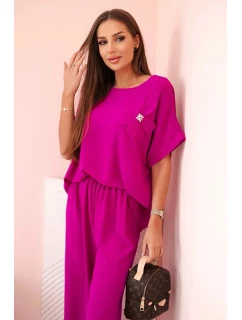 Dámský komplet z viskózy s ozdobným květem a širokými kalhotami - tmavě fialový