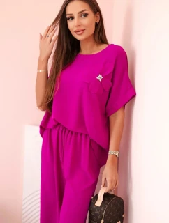 Dámský komplet z viskózy s ozdobným květem a širokými kalhotami - tmavě fialový