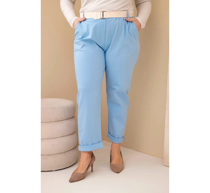 Dámské bavlněné kalhoty Plus Size s páskem modré