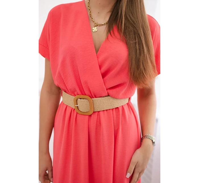 Dlouhé šaty s ozdobným páskem Růžový neon