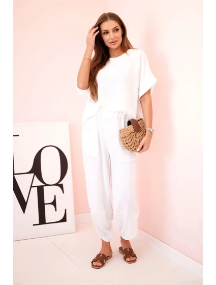 Komplet z viskózy halenka + kalhoty bílý