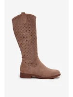 Dámské kozačky na ploché podrážce s vzorem  Béžové model 21713564 - S.Barski