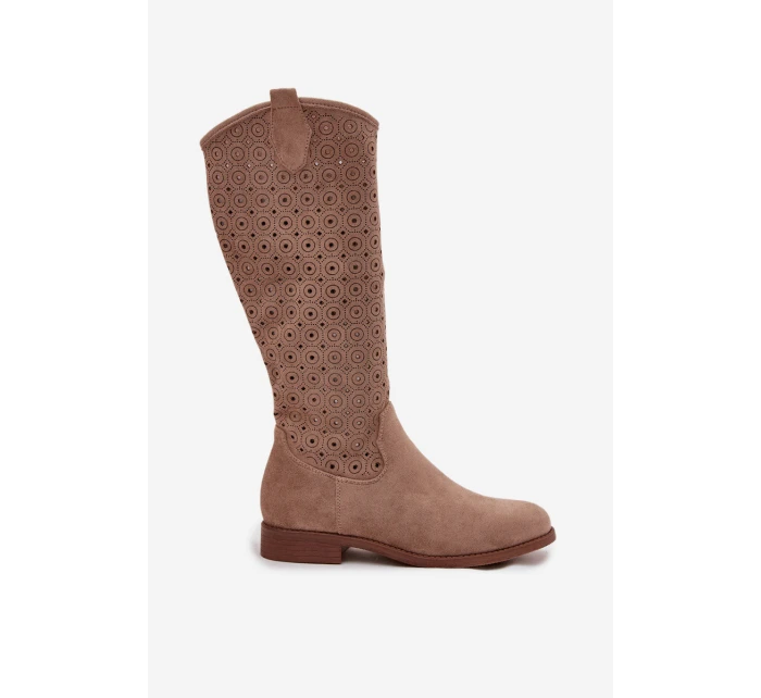 Dámské kozačky na ploché podrážce s vzorem  Béžové model 21713564 - S.Barski