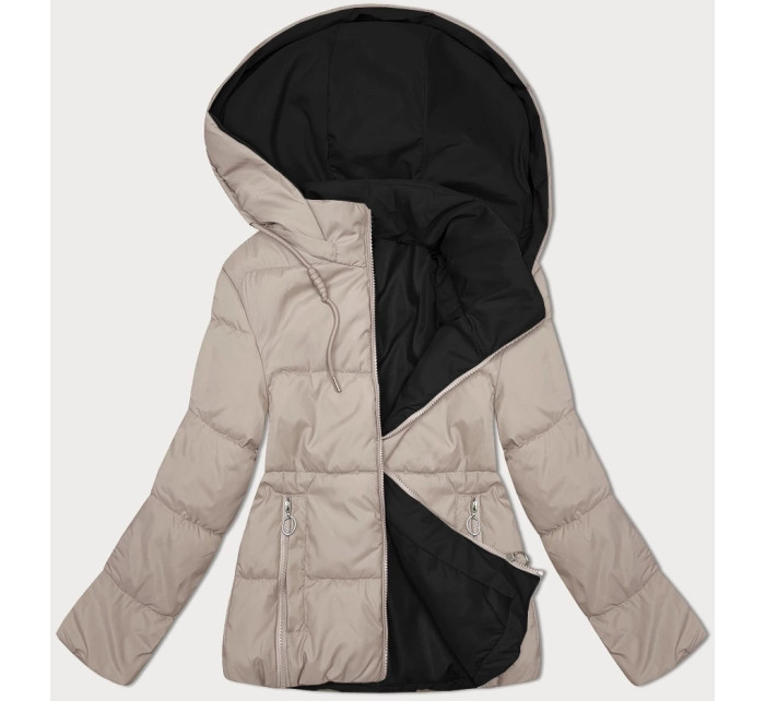Béžovo-černá oboustranná dámská krátká bunda s kapucí (16M2155-392)