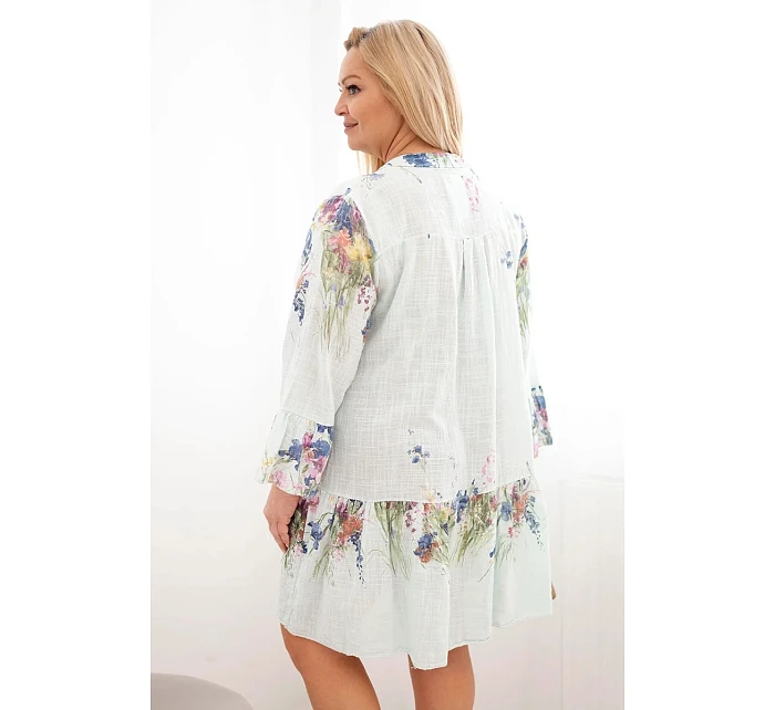 Dámské bavlněné šaty Plus Size s výstřihem do V a knoflíky, květinový vzor mátové