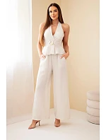 Dámská viskózová souprava s vázaným topem a kalhotami se širokými nohavicemi béžový