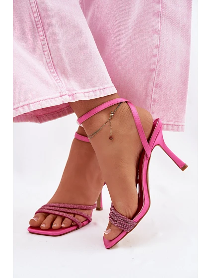 Dámské sandály na podpatku s pásky a kamínky fuchsiové Chiara