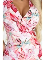 379-6 BOYKA Přiléhavé midi šaty s obálkovým výstřihem - bílé s růžovými květy 379-6 BOYKA Přiléhavé midi šaty s obálkovým výstřihem - bílé s růžovými květy