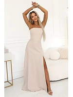 663-1 ELARA korzetové maxi šaty s rozparkem a zavazováním na zádech - béžové