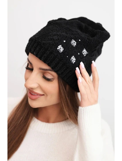 Dámská zimní čepice z vlny s ozdobnými aplikacemi K468 černá Dámská zimní čepice z vlny s ozdobnými aplikacemi K468 černá