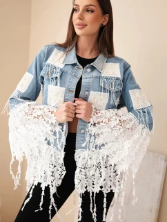 Dámská bavlněná džínová bunda s třásněmi a krajkou v boho stylu světle džínová