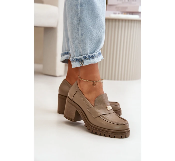 Zazoo 20168 Elegantní dámské polobotky na podpatku z pravé kůže tmavě béžové