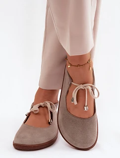 Kožené semišové baleríny Barefoot na šněrování Zazoo 021 Cappuccino