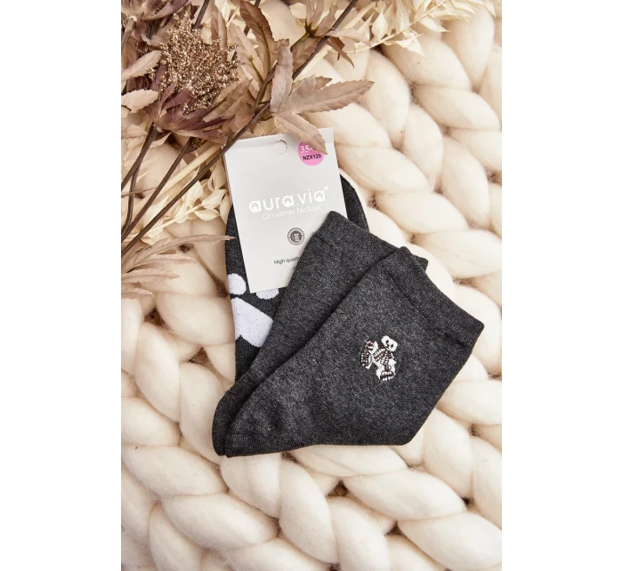 Dámské bavlněné ponožky s nášivkou medvídka, tmavě šedé