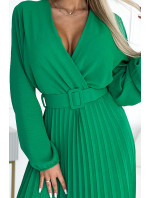 Plisované midi šaty s výstřihem, dlouhými rukávy a širokým páskem Numoco VIVIANA – světle zelené