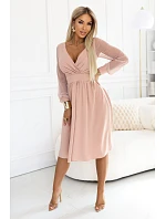 Elegantní midi šaty s obálkovým výstřihem a rukávy béžové model 22208823 - numoco Elegantní midi šaty s obálkovým výstřihem a rukávy béžové model 22208823 - numoco