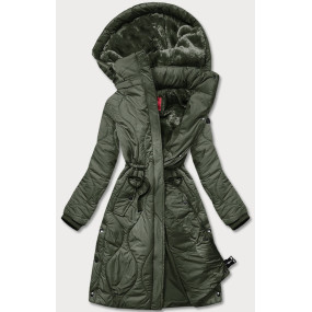 Dámská zimní bunda v olivové barvě ke kolenům (M-21601)