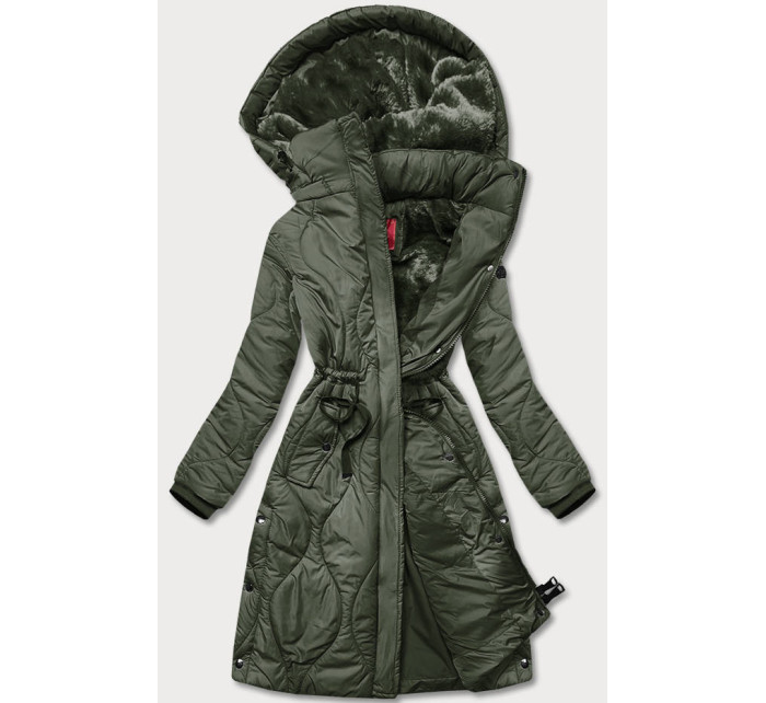 Dámská zimní bunda v olivové barvě ke kolenům (M-21601)