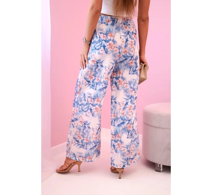 Dámské široké kalhoty s květinovým potiskem modrý
