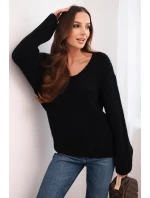 Dámský svetr s příměsí vlny s výstřihem do V černý Dámský svetr s příměsí vlny s výstřihem do V černý