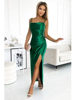 483-1 DIANE saténové dlouhé šaty s rozparkem na nohou - BOTTLE GREEN
