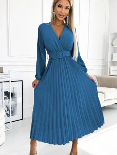 504-5 VIVIANA Plisované midi šaty se srdíčkovým výstřihem, dlouhými rukávy a širokým páskem - barva JEANS
