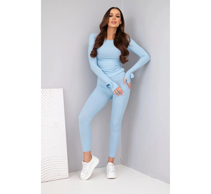 Dámský komplet z pruhované viskózy s dlouhým rukávem a legínami modrý