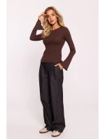 model 20476100 Žebrovaný top s dlouhými rukávy hnědý - Moe