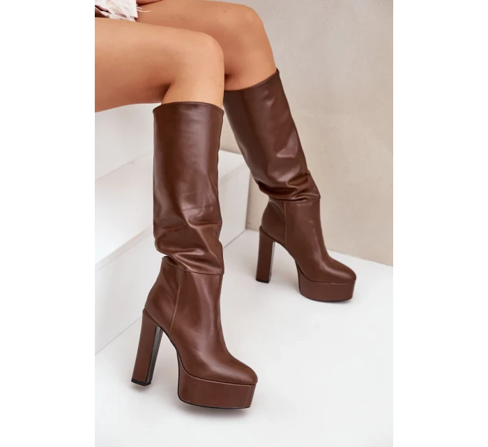 Kozačky na sloupku a platformě z eko kůže hnědé Felilorn