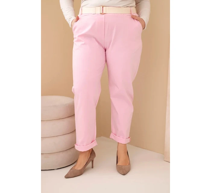 Dámské bavlněné kalhoty Plus Size s páskem světle růžové