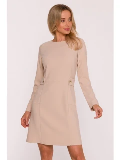 S419 Šaty s ozdobnými knoflíky v pase - béžové
