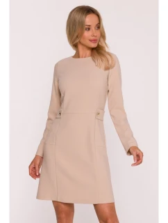 S419 Šaty s ozdobnými knoflíky v pase - béžové