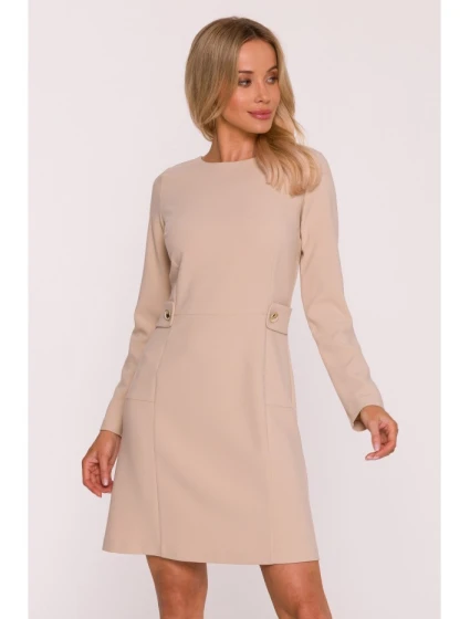 S419 Šaty s ozdobnými knoflíky v pase - béžové
