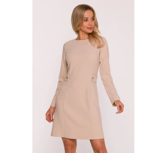 S419 Šaty s ozdobnými knoflíky v pase - béžové