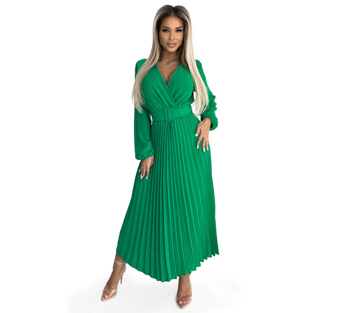 Plisované midi šaty s výstřihem, dlouhými rukávy a širokým páskem Numoco VIVIANA – světle zelené
