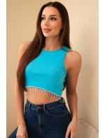 Dámský krátký žebrovaný top z bavlny s ozdobnými třásněmi tyrkysová