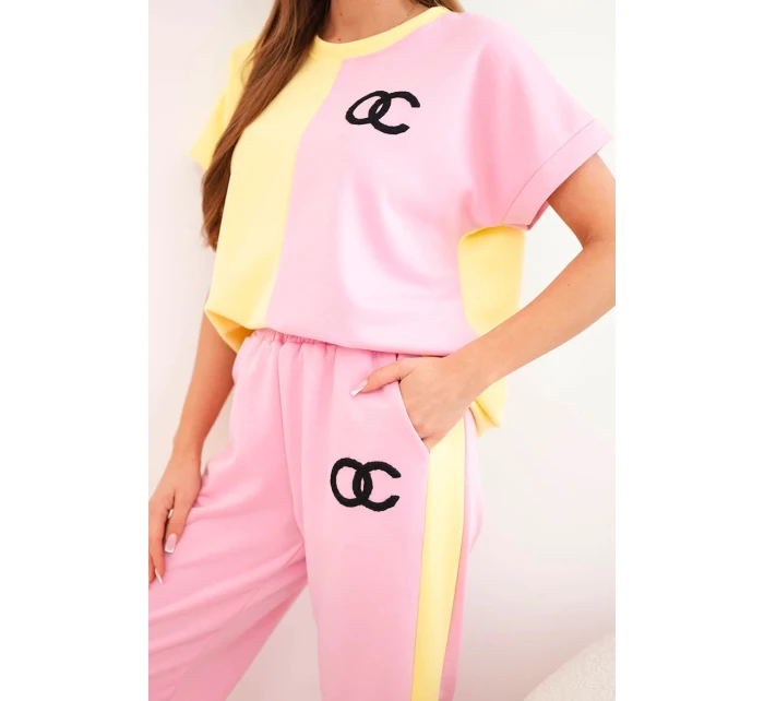 Dámská máslová souprava s oversize mikinou a širokými kalhotami světle růžová + žlutá