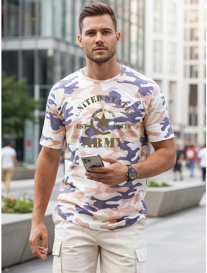 Tshirt męski z nadrukiem moro beżowy model 22223067 - FashionStreet