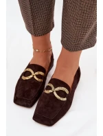 Dámské mokasíny z pravé semišové kůže se zlatým detailem D&A model 22031897 čokoládové - S.Barski
