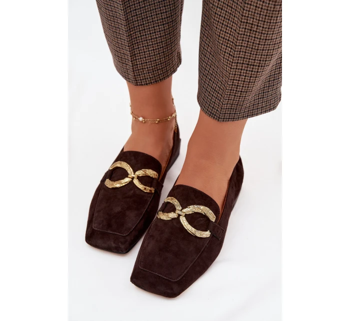 Dámské mokasíny z pravé semišové kůže se zlatým detailem D&A model 22031897 čokoládové - S.Barski