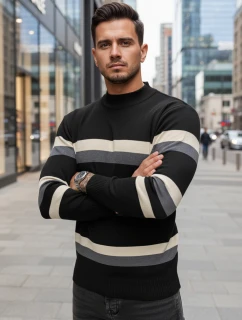 Pánský pruhovaný svetr s polovičním rolákem černý FashionStreet WX2127