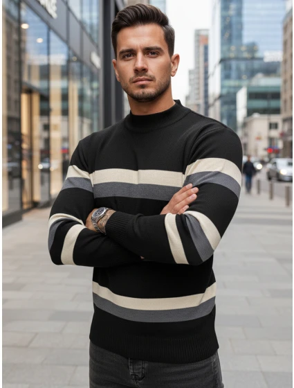 Pánský pruhovaný svetr s polovičním rolákem černý FashionStreet WX2127