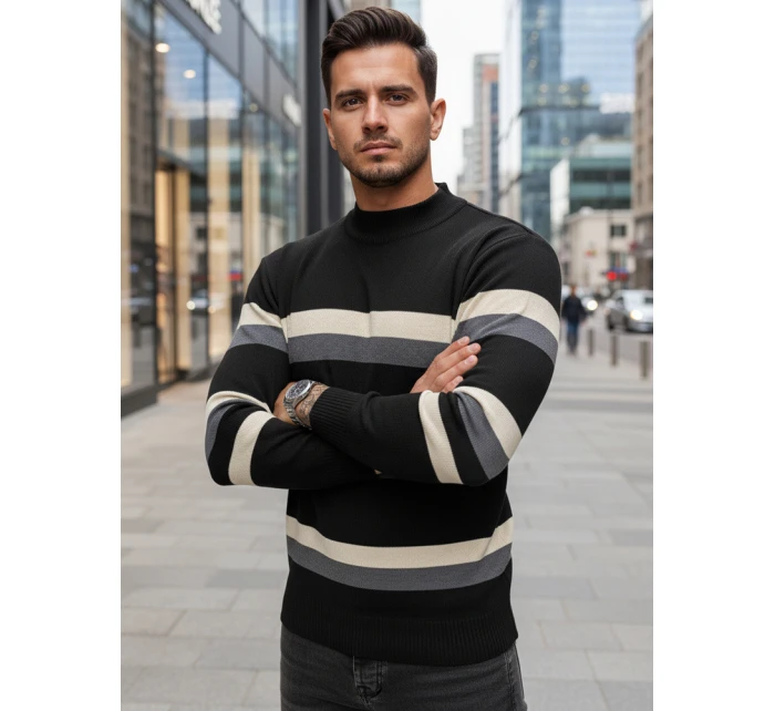 Pánský pruhovaný svetr s polovičním rolákem černý FashionStreet WX2127