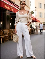 Dámské lněné kalhoty s širokými nohavicemi bílé FashionStreet UY3081 Dámské lněné kalhoty s širokými nohavicemi bílé FashionStreet UY3081