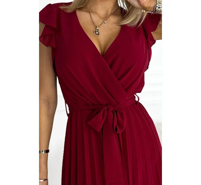 Dámské plisované šaty ve vínové bordó barvě s výstřihem a volánky model 17921506 - numoco