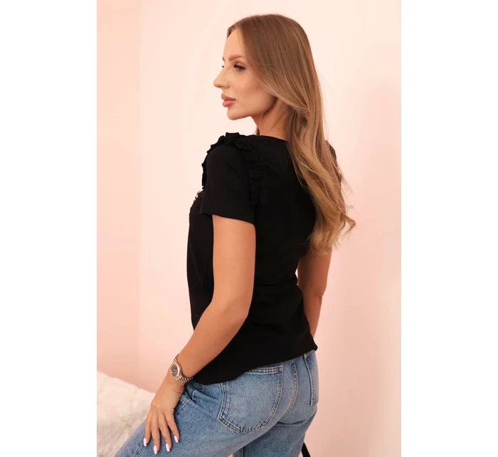 Dámská bavlněná blůza s volánem a srdcem z kamínků černá