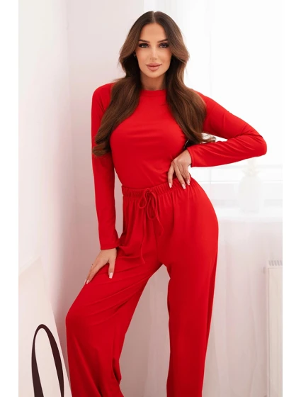 Dámský viskózový komplet s model 21777005 a širokými kalhotami červený - K-Fashion